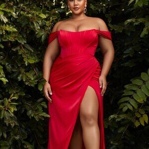 RED PLUS SIZE PROM PARTY EVENING SATIN CORSET OFF THE SHOULDER LEG SLIT DRESS